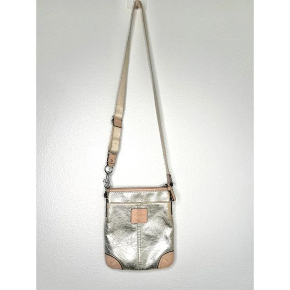 Coach Metallic Gold Leather Crossbody Bag Tan Trim Slim Messenger